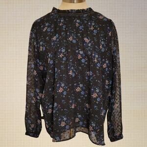 Floral Boho Sheer Ruffle Neck Blouse Navy Polka Dot Loft Size Large